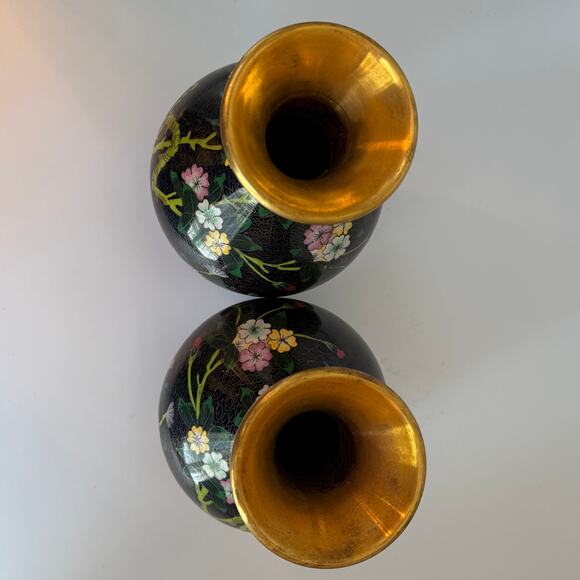 Vintage Cloisonné Vase Pair with Stands Flowers Birds - Picture 5 of 11